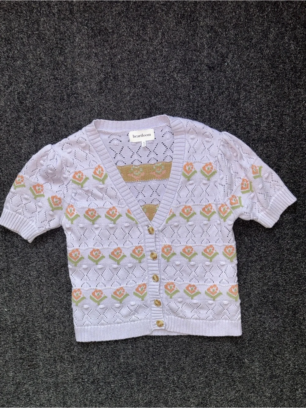 Heartloom Floral Short Sleeve Crochet Knit Sweater Sz M Cottagecore 100% Cotton